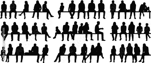 People sitting silhouette on bench, group of men and women vector illustration, social interaction design for park, public space, and lifestyle concepts