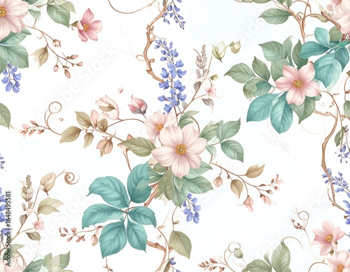 Delicate floral pattern with pastel blooms and vines