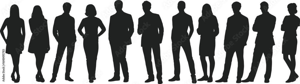 Silhouette of business people in standing poses, corporate team vector illustration, professional group outline for office, teamwork, career, and leadership conce Silhouette of business people in standing poses, corporate team vector illustration, professional group outline for office, teamwork, career, and leadership conce