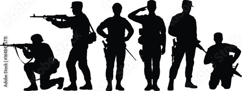 Silhouette of armed soldiers, military team, army training, combat readiness, tactical stance, weapon holding, security forces, defense operation, battle preparation