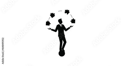 Business Juggler Silhouette Balancing on Unicycle with Puzzle Pieces and Gears