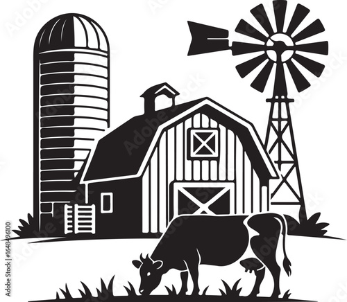 Farm barn silo windmill and cow grazing peacefully