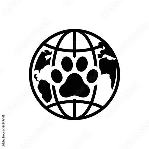 Black and white globe with continents and a paw print in the center in a simple graphic design