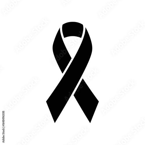 A simple graphic illustration of a black ribbon on a white background symbol of mourning and support