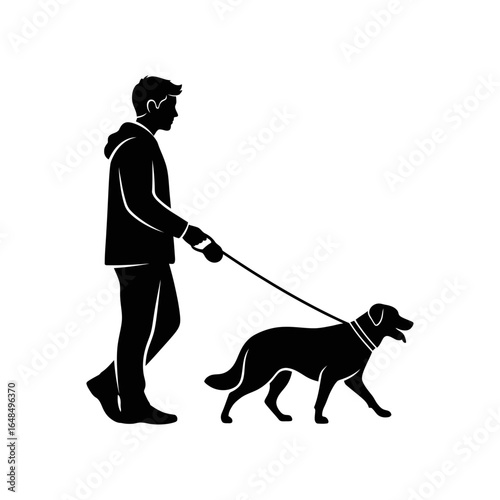 A silhouette of a man walking a dog on a leash in a black and white illustration style image format