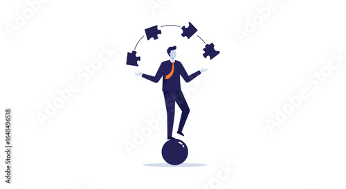 Businessman balancing on a ball while juggling puzzle pieces in the air