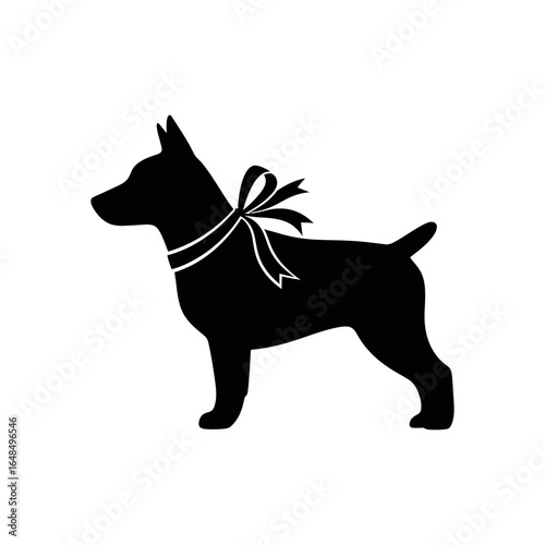 Black silhouette of a dog with a ribbon around its neck standing on a white background in full view