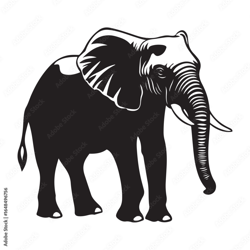 Fototapeta premium Black silhouette of an African elephant with tusks in side view vector illustration