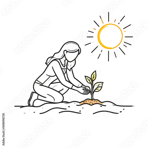 Woman tenderly plants a sapling in the sunlit earth, nurturing new life.