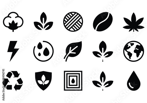 Black glyph icon set for natural, organic, and sustainable materials and resources