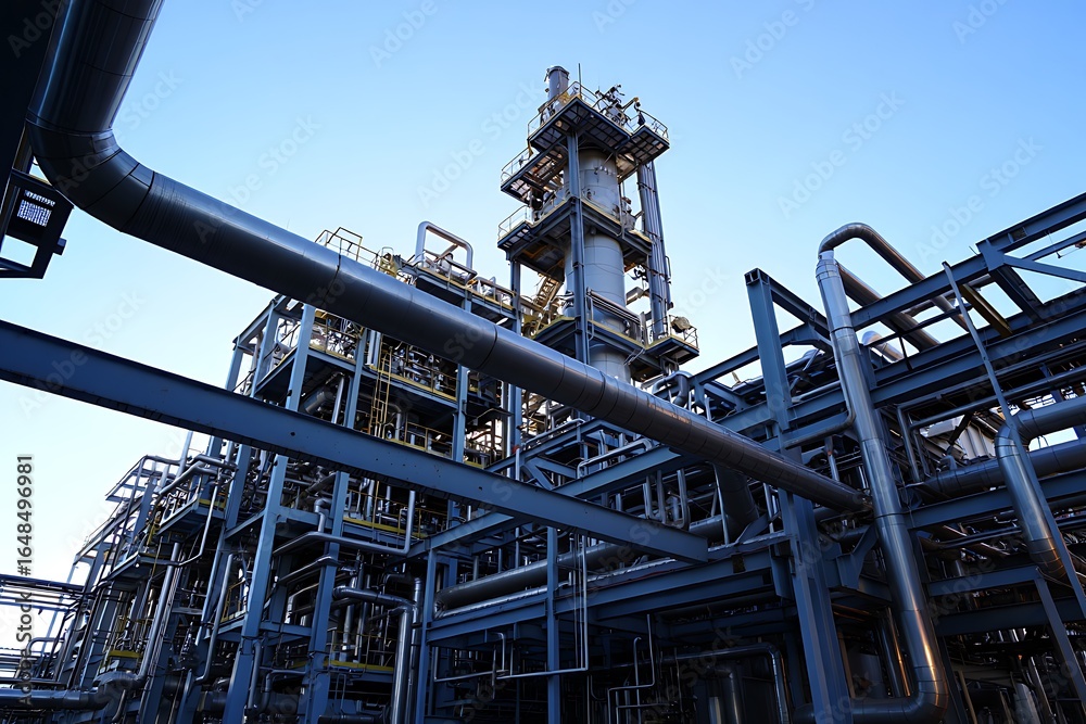 Fototapeta premium industrial zone steel pipelines and blue sky