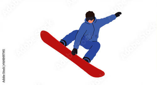 A dynamic snowboarder in a blue hooded snowsuit and goggles on a red snowboard.