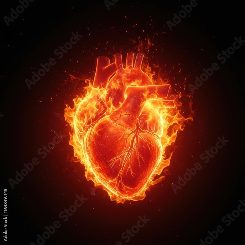 Fiery anatomical heart ablaze with intense passion, vital energy, and burning desire