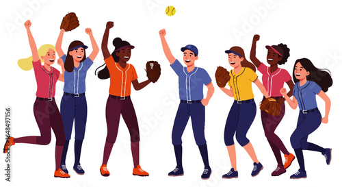 A diverse team of young softball players in colorful uniforms celebrating a victory together.