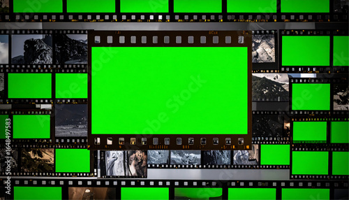 Film strip border with green screen panels, featuring a variety of landscape and portrait images in the surrounding frames.