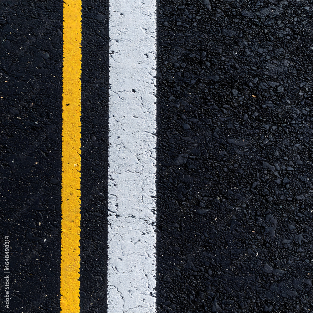 Fototapeta premium Close-up view of asphalt road surface with yellow and white lane markings.
