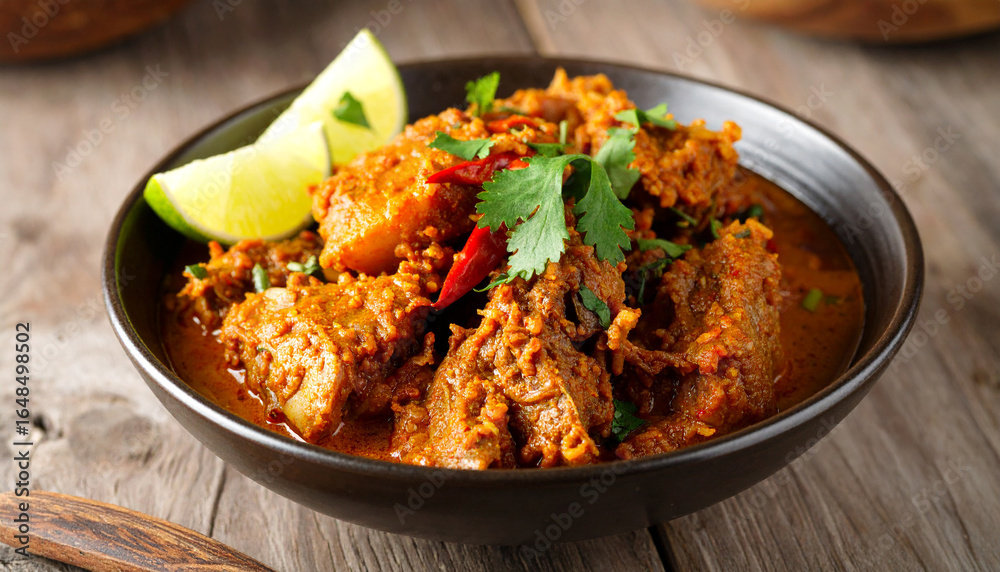 Slow-cooked Indonesian beef rendang curry in thick coconut gravy, garnished with fresh lime leaves for authentic flavor. Slow-cooked Indonesian beef rendang curry in thick coconut gravy, garnished with fresh lime leaves for authentic flavor.