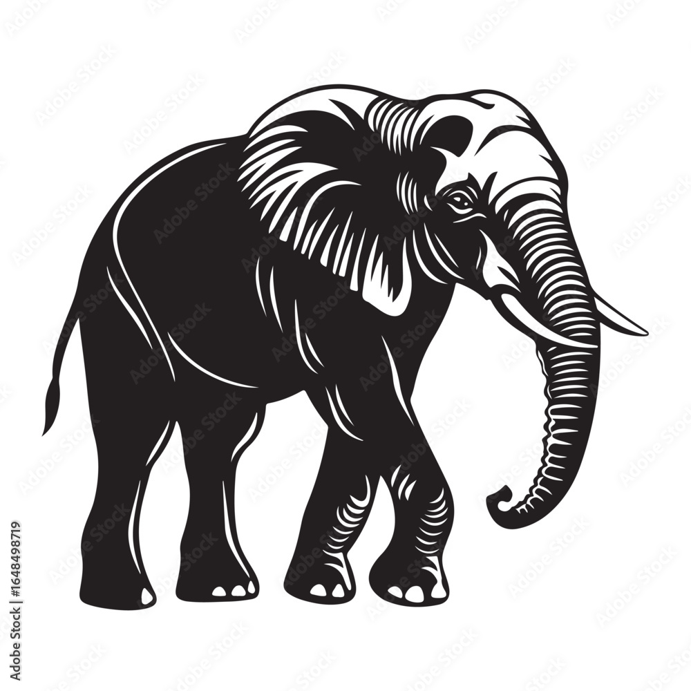 Fototapeta premium Black silhouette of an African elephant with tusks in side view vector illustration