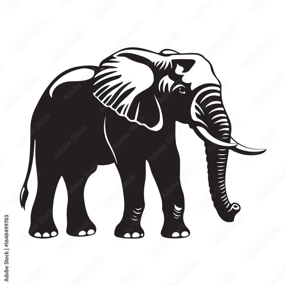 Fototapeta premium Black silhouette of an African elephant with tusks in side view vector illustration