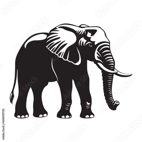 Black silhouette of an African elephant with tusks in side view vector illustration