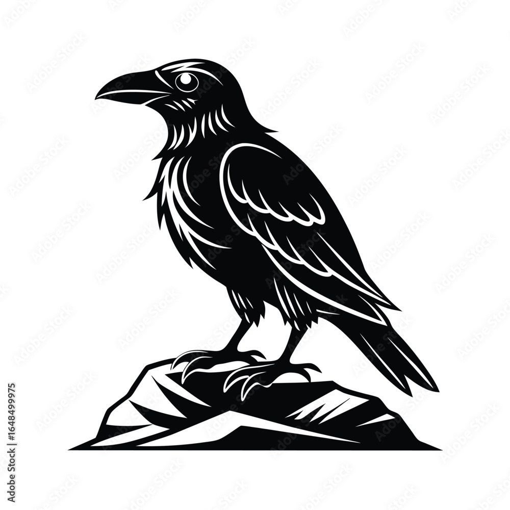 Fototapeta premium Detailed thin line art illustration of a raven perched on a textured rock formation