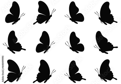Multiple black butterfly silhouettes showing various wing movements for animation