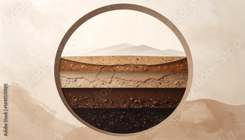 Soil layers are displayed in a circular frame, showing different earth strata with a mountain range in the background.