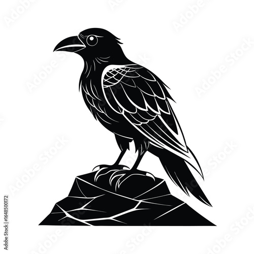 Detailed thin line art illustration of a raven perched serenely on a textured rock formation