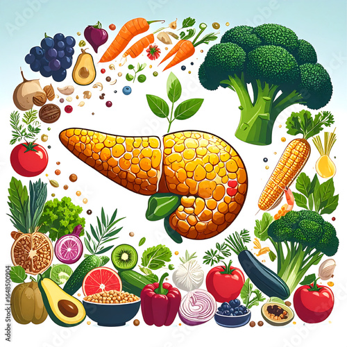 Healthy foods surrounding a stylized illustration of a pancreas, promoting a balanced diet for pancreatic health.