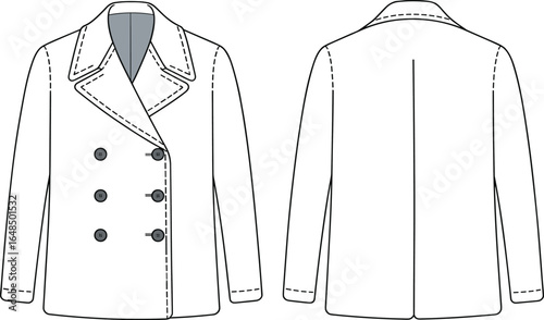 Men’s double breasted coat, CAD jacket template, fashion flat sketch, vector outerwear drawing, coat technical illustration, stylish winter garment design