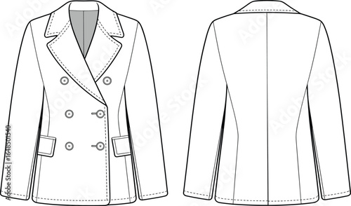 Double breasted women’s coat, CAD jacket flat sketch, fashion outerwear illustration, tailored blazer template, vector technical drawing, stylish garment design