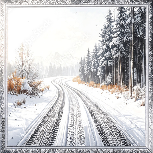 A snowy road winds through a winter forest, with tire tracks visible.