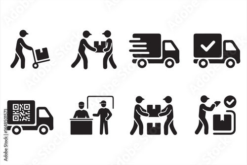 Courier and transportation icon set with fast delivery and logistics symbols