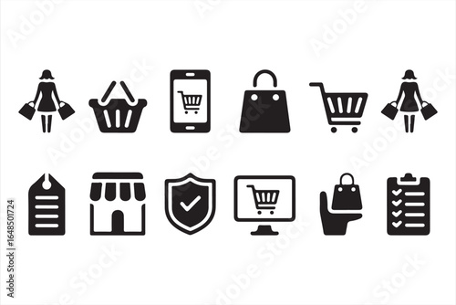 E-commerce icon set featuring shopping cart, checkout, and secure payment symbols