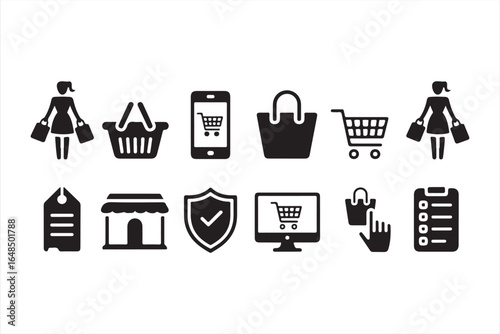 Black silhouette icons for digital shopping, shopping carts, and online checkout