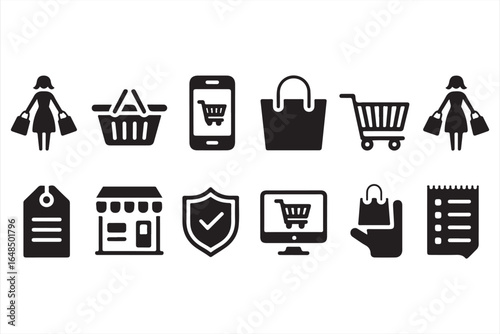 Online shopping icons including cart, checkout, and mobile shopping symbols