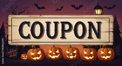 Spooky Halloween coupon sale announcement with festive pumpkins and bats perfect for promotions