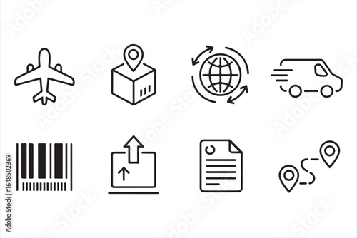 Minimalist shipping and logistics icons for global parcel delivery and tracking