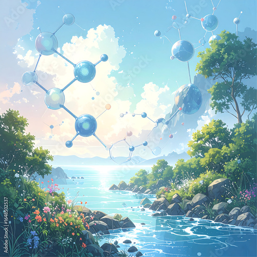 Serene landscape with floating molecular structures, reflecting a harmonious blend of nature and science.