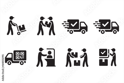 Collection of 8 black logistics and delivery icons for business use