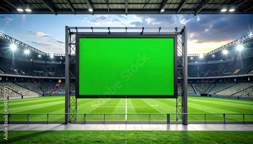 A large green screen display dominates a vast stadium environment.