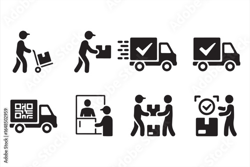 Delivery and logistics icon set, including courier, truck, and customer service