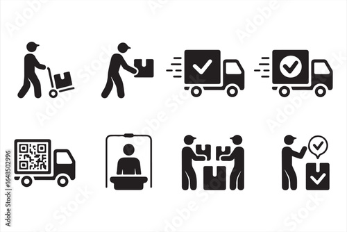 Set of 8 black delivery logistics icons for transportation and shipping