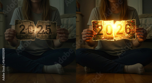 Happy new Year, Young women show 2025 old memories and days then Now 2026 Rising new Bright day new Journey 2026 New Year Start with happiness 