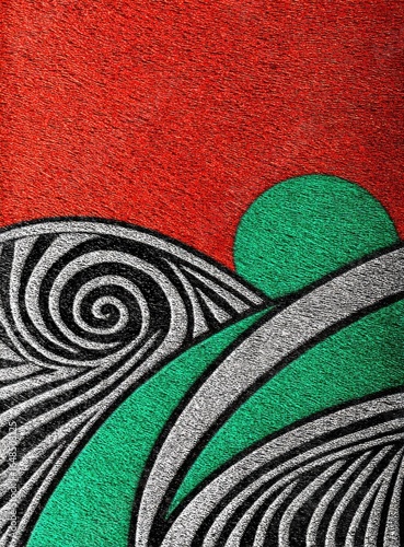 Abstract design with textured hills, swirling patterns, and a green circle, set against a red background