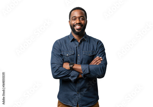 Confident african american man wearing a denim shirt and brown pants, smiling with arms crossed, isolated on transparent background
