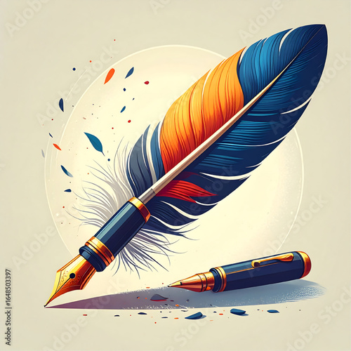 Colorful feather-shaped pen and pen nib, illustration.