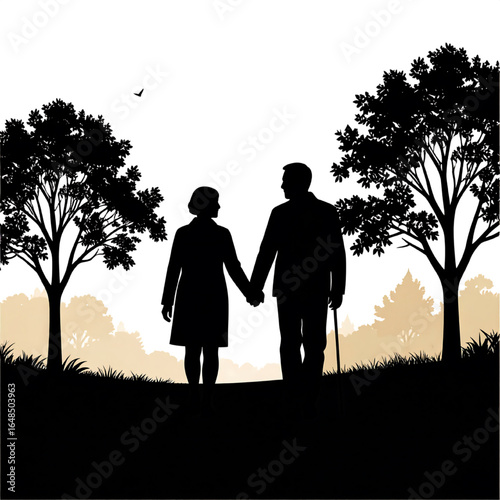 Silhouettes of an elderly couple walking hand-in-hand in a park.