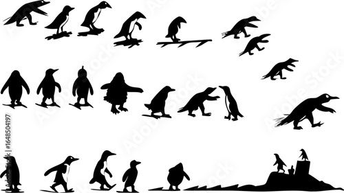 Silhouette illustration showcasing various penguin poses and interactions on white background scene design