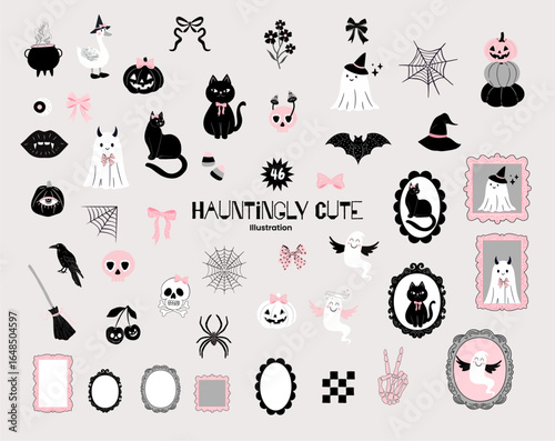 Cute pastel goth halloween clipart illustration featuring hand-drawn vector coquette cameo frames, ghosts, jack-o-lantern, cat, bat, bows and pumpkins.